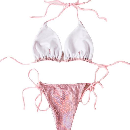Gold snakeskin print string bikini with black ties, featuring a triangle top and thong bottom, modeled on a person. - Image 5