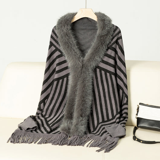 Poncho Tejido de Rayas Otoño Invierno con Flecos Elegante - Image 8