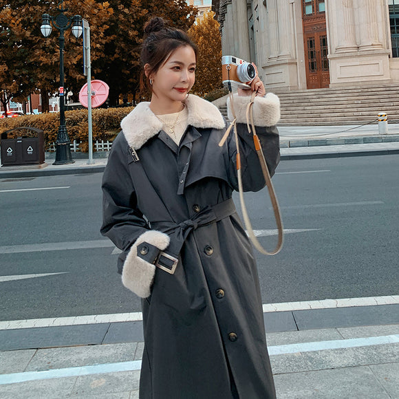 Abrigo de Algodón Elegante con Solapa y Cintura Ajustable Sobre la Rodilla