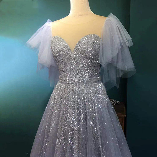 Vestido de Lujo Gris con Mangas Volantes - Elegancia Sofisticada para Eventos - Image 10