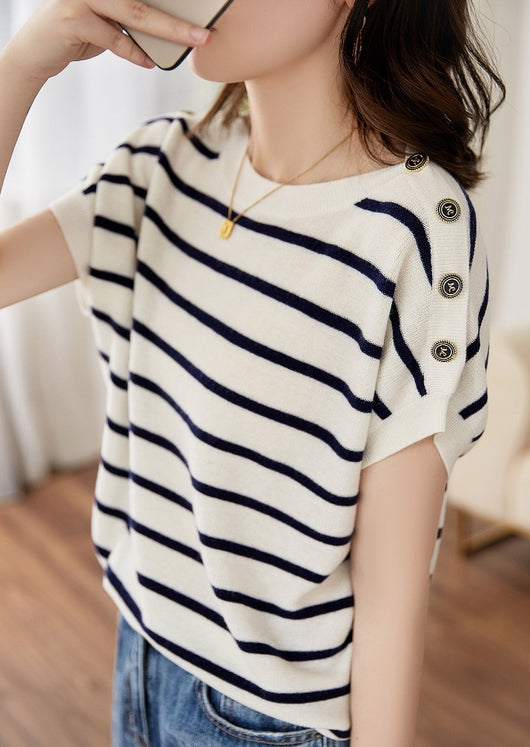 Blusa Rayada Ice Silk Manga Corta Ajustada y Cubriente - Image 15