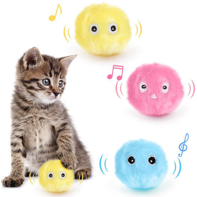 Three plush interactive cat toy balls in blue, yellow, and pink, each with cartoon eyes, shown with a size measurement. - Image 22
