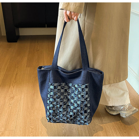 Bolsa Tote de Mezclilla Lavada con Patrón Escocés y Gran Capacidad - Image 14