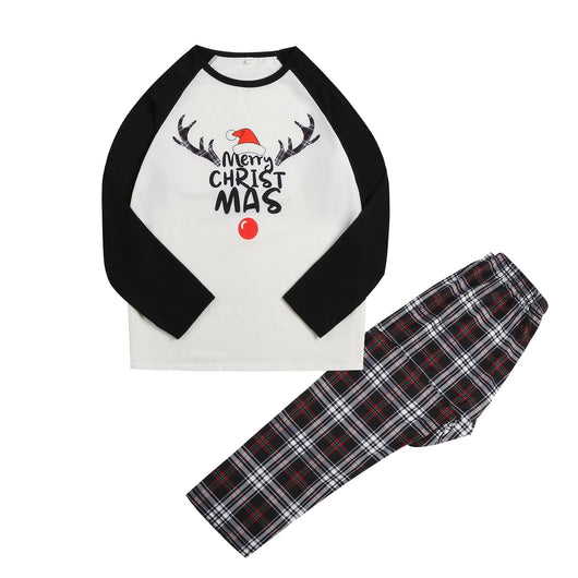 Christmas parent-child pajama set with a white and black raglan long-sleeved top featuring a 'Merry Christmas' reindeer graphic and red, black, and white plaid - Image 10