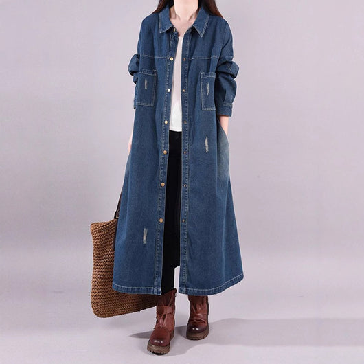 Abrigo Denim Tipo Trench Suelto Retro Desgastado Largo Medio