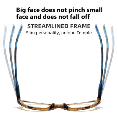 Black cat-eye anti-blue light reading glasses with green patterned temples on a white background. - Image 16