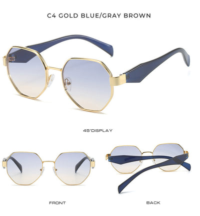 Polygonal sunglasses with a gold metal frame, beige temples, and dark black-gray lenses on a white background. - Image 21