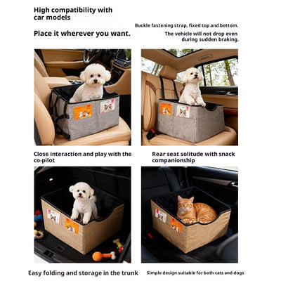 Beige pet car seat with a small white dog inside, secured to a car's passenger seat, designed for safe travel. - Image 3