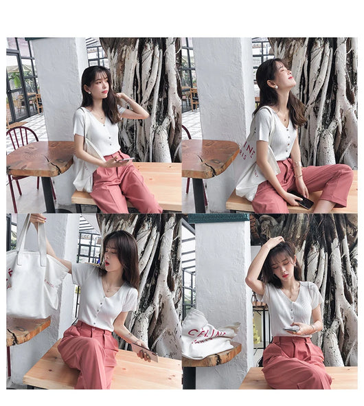 Conjunto Coreano Verano: Short Ajustado + Blusa Escote V - Image 33