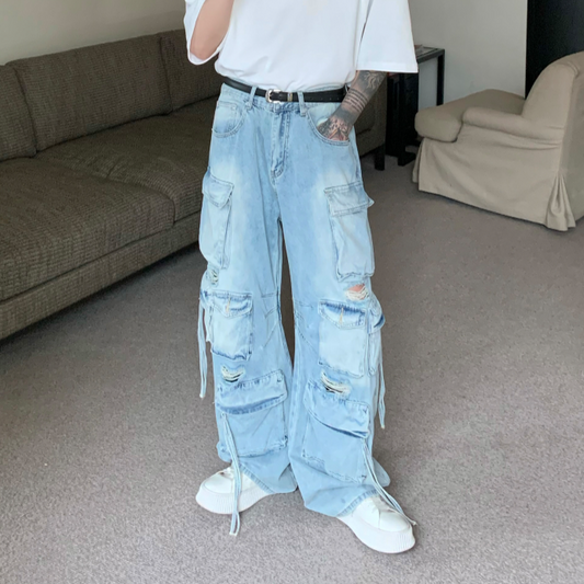 Pantalones Vaqueros de Trabajo Oversized con Múltiples Bolsillos - Estilo Industrial Vintage