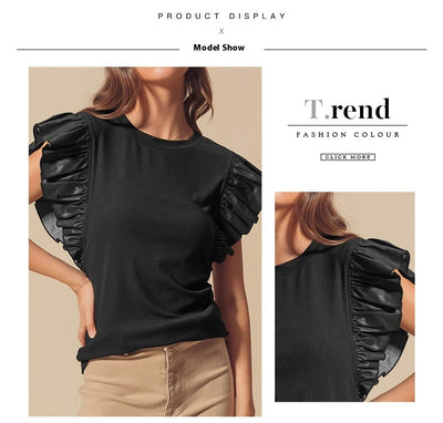 Playera de Algodón para Mujer con Detalles de Malla y Volantes - Image 7