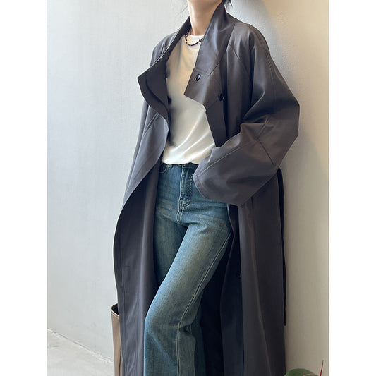 Abrigo Trinchera Largo Mujer Cuello Alzado Oversized Abotonado Simple - Image 2