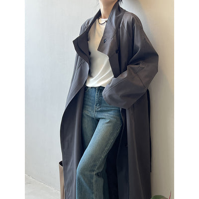 Abrigo Trinchera Largo Mujer Cuello Alzado Oversized Abotonado Simple - Image 2
