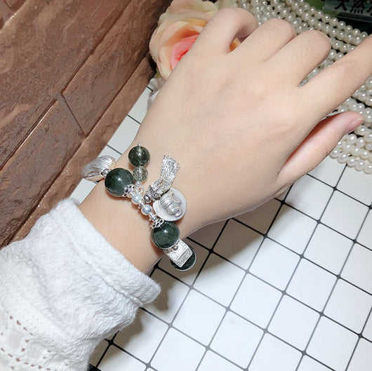 Pulsera de Plata 925 con Cuarzo Verde Rutilado y Dije Elefante