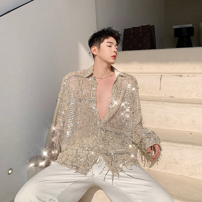 Camisa de Malla Brillante con Flecos y Lentejuelas para Hombre - Image 11