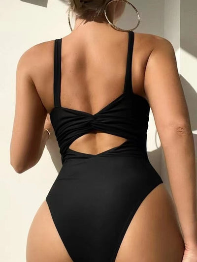Women's lavender one-piece swimsuit with a deep V-neck, silver O-ring detail, and a keyhole cutout at the bust. - Image 17