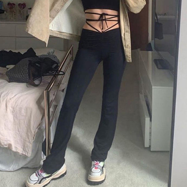 Pantalón Casual de Cintura Alta con Cordones y Ajuste Slim