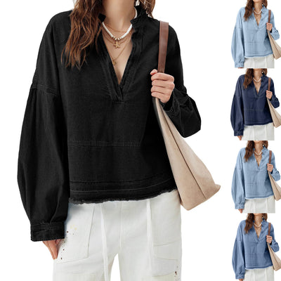 Blusa Denim Holgada de Cuello V y Manga Larga Versátil - Image 29