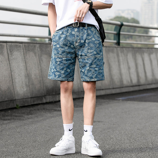 Shorts Jacquard Denim Hombre Talla Grande Estilo Suelto Estampado Completo