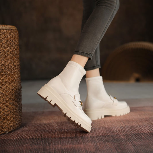 Botas Cortas de Cuero Genuino con Plataforma y Tacón Bajo - Estilo Casual Mujer - Image 2
