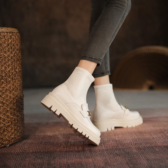 Botas Cortas de Cuero Genuino con Plataforma y Tacón Bajo - Estilo Casual Mujer