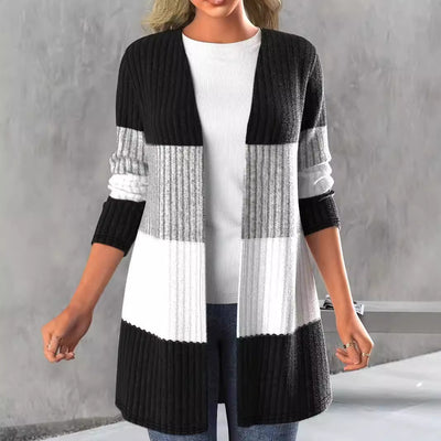Abrigo Largo Casual para Mujer con Detalle de Raya Lateral Contrastante y Cuello Abierto