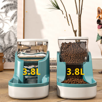Gray and white automatic pet water dispenser with a transparent reservoir, measuring 35.5cm x 27cm x 17cm.