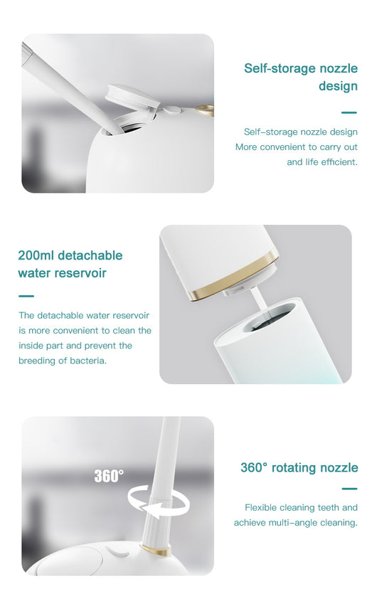 White and rose gold portable electric water flosser with a curved nozzle and volume markings for 160ml and 200ml. - Image 13