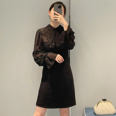 Vestido Negro Manga Larga con Cuello Volante y Falda Acampanada - Image 7
