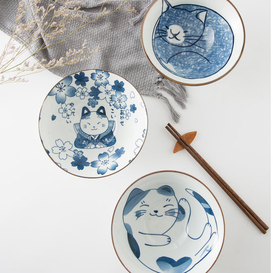 Tazón de Cerámica con Diseño de Gato para Ramen, Sopa y Ensalada - 7 Pulgadas
