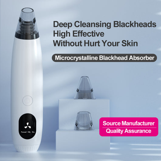 White blackhead vacuum remover with rose gold accents, clear suction head, and control buttons for strong, normal, and soothe modes.
