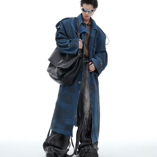 Abrigo Denim Largo con Hombros Acolchados Doble Capa