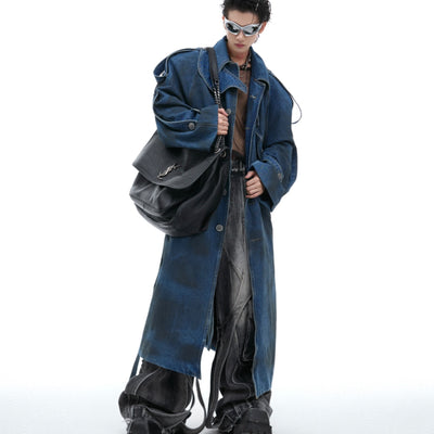 Abrigo Denim Largo con Hombros Acolchados Doble Capa