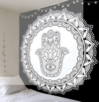 Black and white mandala tapestry with intricate geometric patterns hanging above a bed in a bedroom. - Image 5
