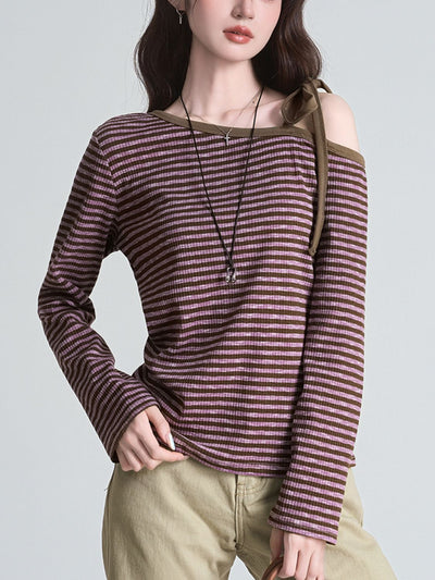 Blusa Slim Rayas Moradas con Hombros Descubiertos Manga Larga - Image 12