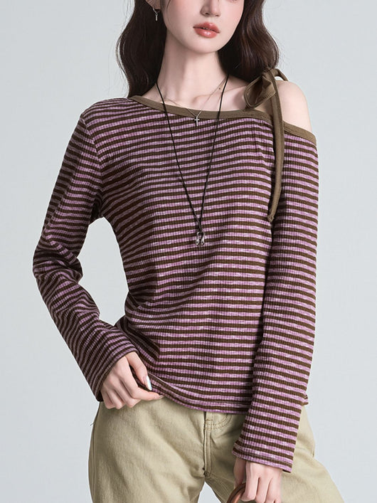 Blusa Slim Rayas Moradas con Hombros Descubiertos Manga Larga - Image 12