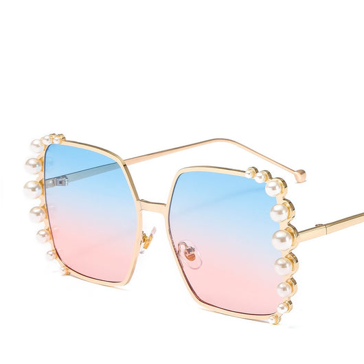 Oversized hexagonal sunglasses with gold-tone metallic frames, light pink lenses, and faux pearl embellishments. - Image 5
