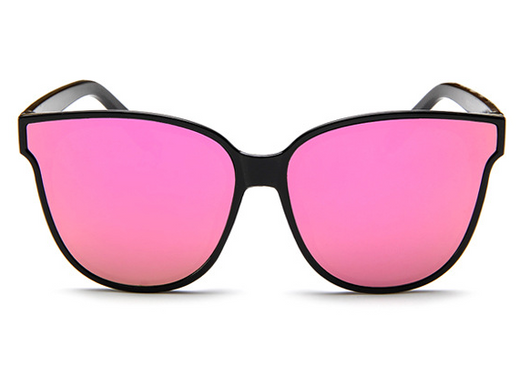 Black frame cat-eye sunglasses with vibrant pink mirrored lenses, suitable for women and fashion trends. - Image 5