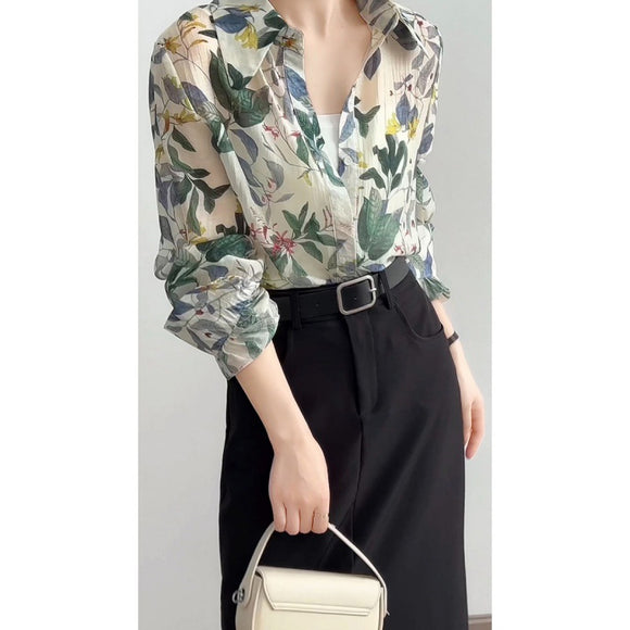 Camisa Suelta con Solapa Estampada - Transpirable para Primavera y Verano