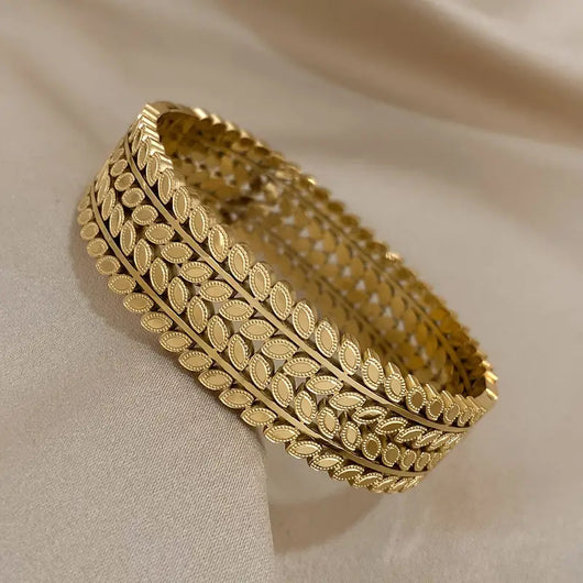 Pulsera Bohemia de Acero Inoxidable con Diseño de Hoja - Apertura Ancha Única - Image 8