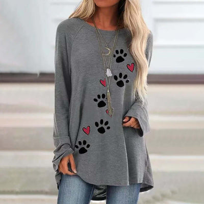 Playera Suelta con Cuello Redondo y Estampado de Patitas de Perro