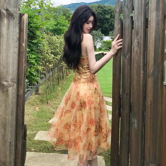 Vestido Floral Retro Halter de Largo Medio con Elegancia Vintage - Image 7