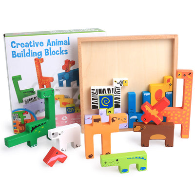 Bloques de Madera Infantiles 3D Animales - Juguetes Educativos Apilables de Madera de Haya