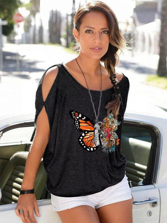 Playera Suelta con Estampado de Mariposa y Letras