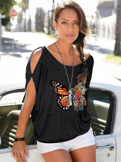 Playera Suelta con Estampado de Mariposa y Letras
