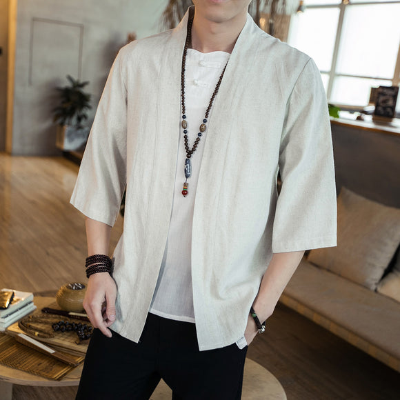 Camisa Cardigan Hanfu de Algodón y Lino - Estilo Asiático Manga 3/4 Hombre