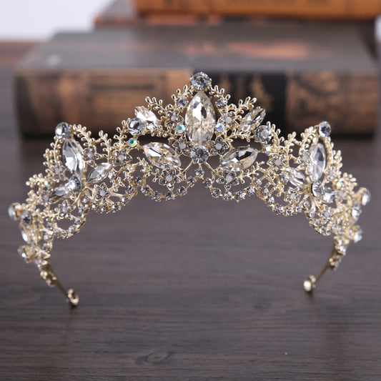 Corona Tiara Nupcial de Cristal Barroco Lujo con Acabado Oro Claro