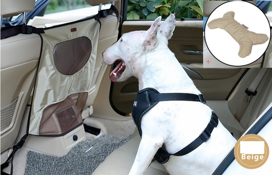 Grey pet car fence installed in a car's rear seat, separating the front and back, with a white Bull Terrier. - Image 5