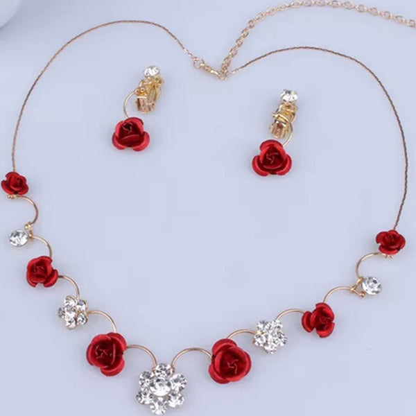 Conjunto de Novia Coreano: Collar, Aretes y Accesorios con Rosas Rojas