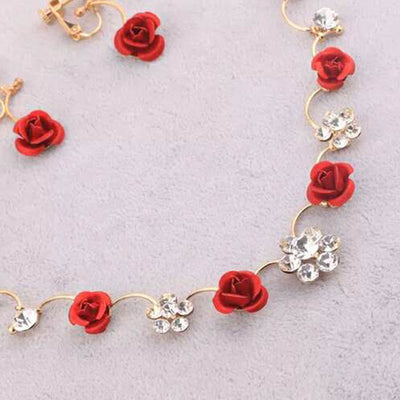 Red rose and clear crystal necklace and matching earrings set on a white jewelry bust, with a pink background. - Image 3